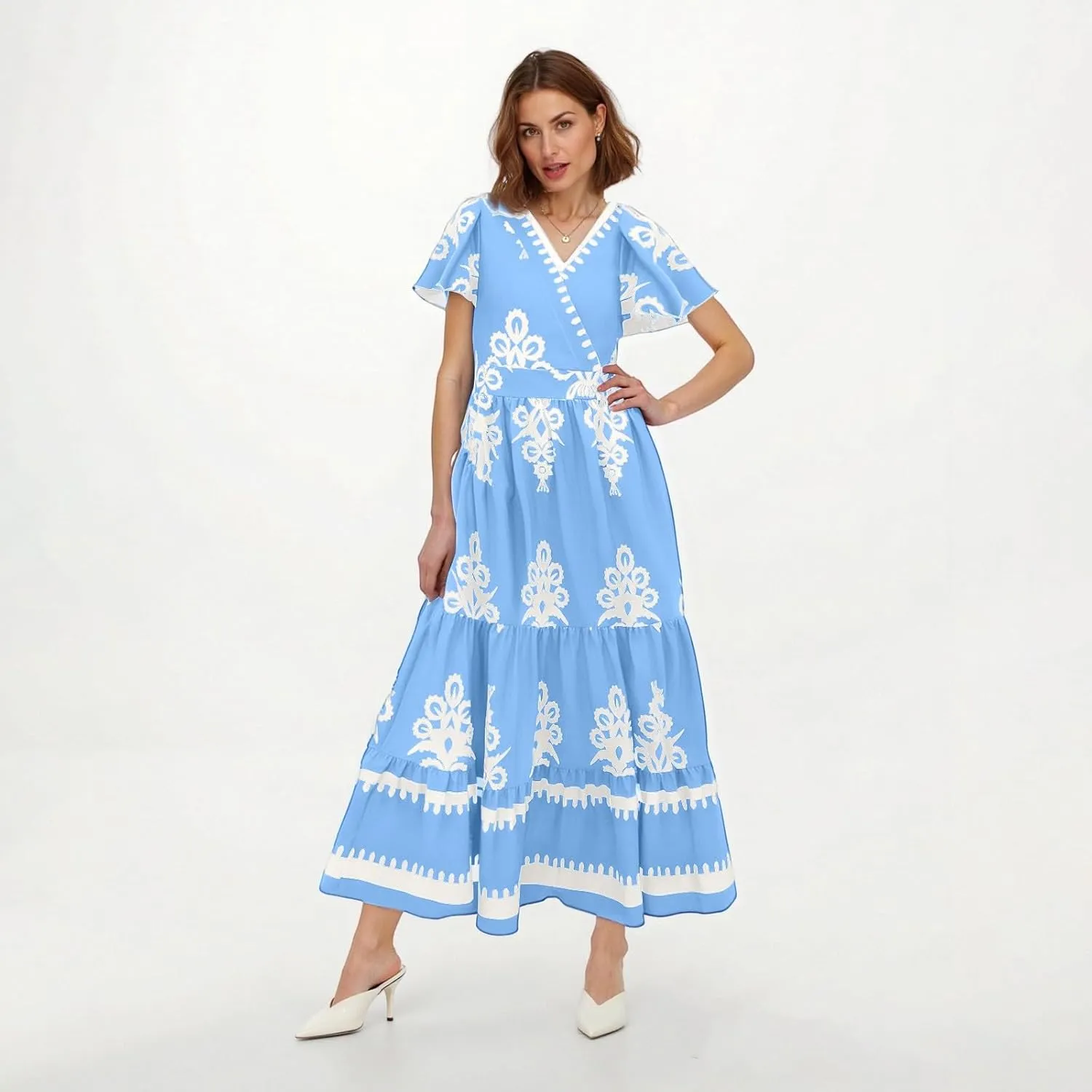 Summer Dresses for Women V Neck Short Sleeve Wrap Midi Dress Empire Waist A Line Ruffle Tiered Maxi Dress with Pockets