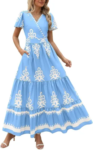 Summer Dresses for Women V Neck Short Sleeve Wrap Midi Dress Empire Waist A Line Ruffle Tiered Maxi Dress with Pockets