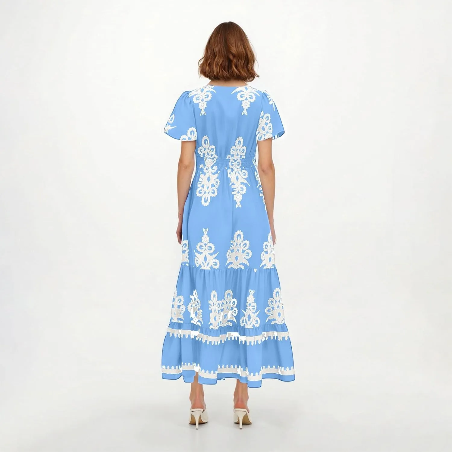 Summer Dresses for Women V Neck Short Sleeve Wrap Midi Dress Empire Waist A Line Ruffle Tiered Maxi Dress with Pockets