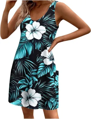 Summer Shirt Dresses Women Beach Boho Sleeveless Mini Dress Vintage Floral Flowy Tank Sundresses Swimwear Cover Up