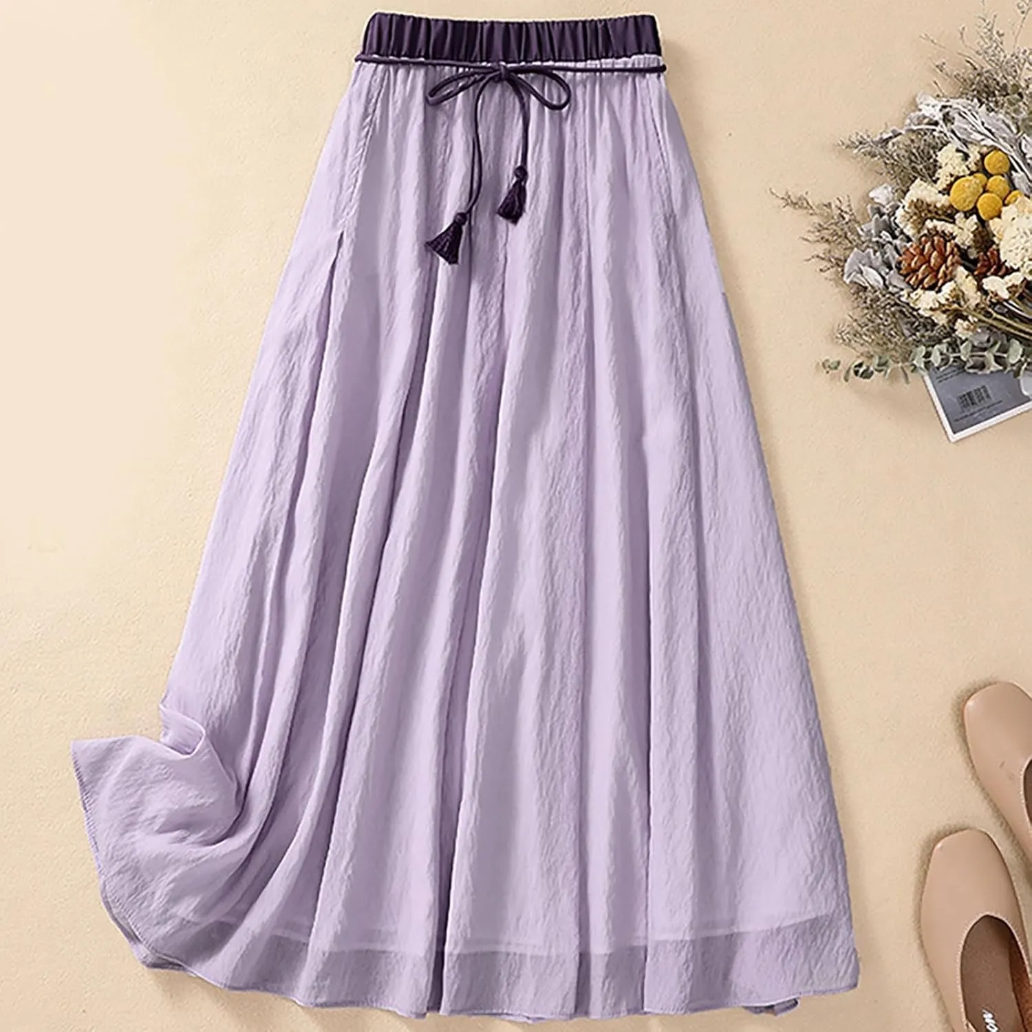 Summer Skirts for Women Drawstring Cinch Waisted Skirt Trending Cotton Linen Baggy Plus Size Skirts A Line Skirt