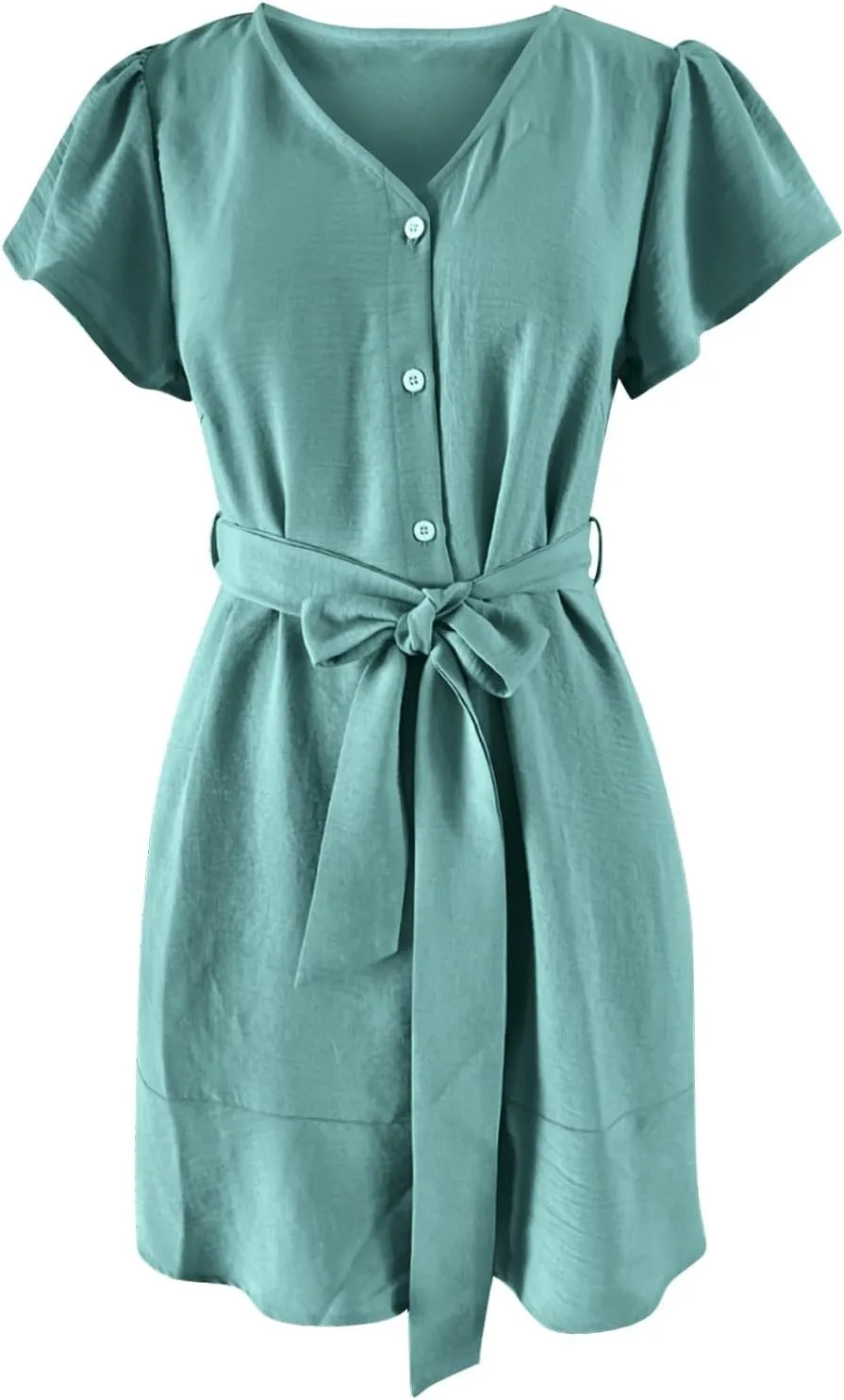 Sun Dresses for Women 2025 Vacation Summer V Neck Short Sleeve Casual Midi Dress Buttons Tie Waist Ruffle Swing Dress