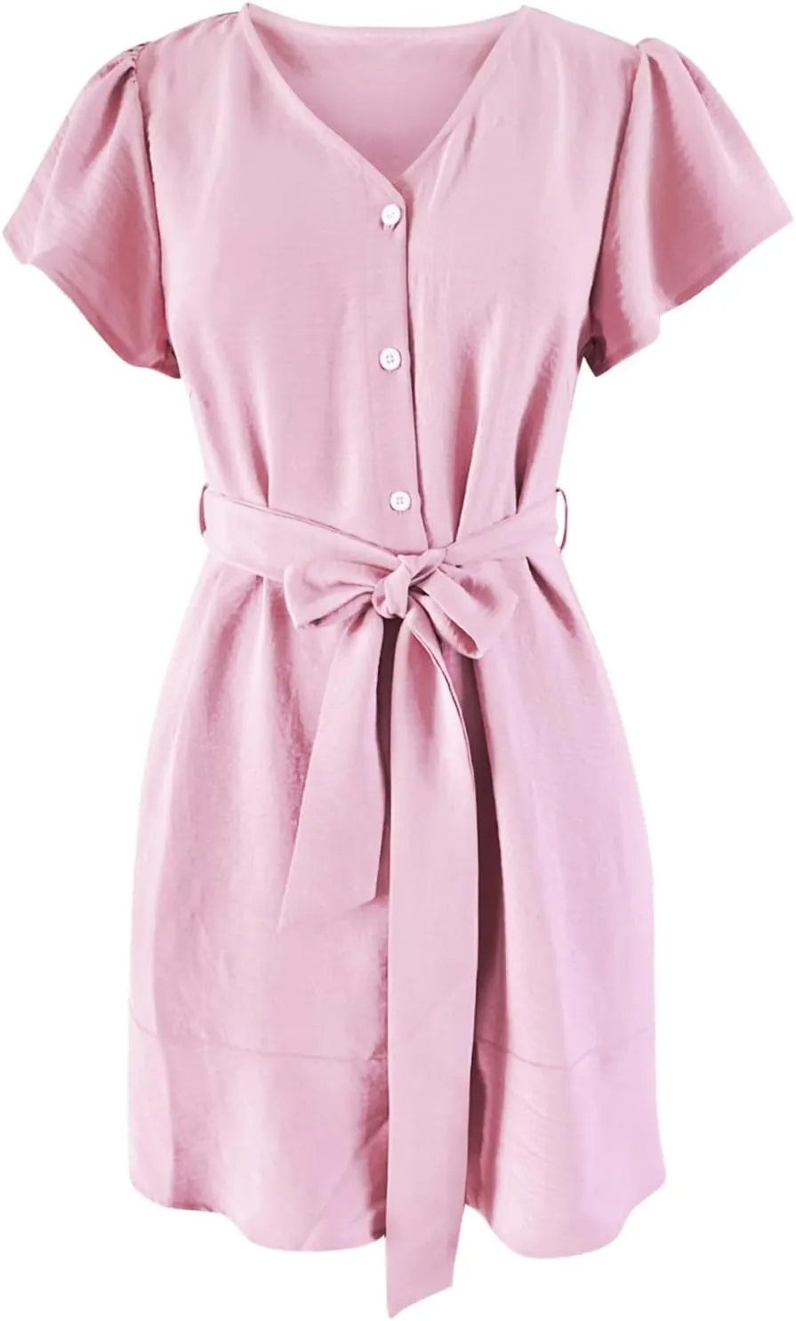 Sun Dresses for Women 2025 Vacation Summer V Neck Short Sleeve Casual Midi Dress Buttons Tie Waist Ruffle Swing Dress