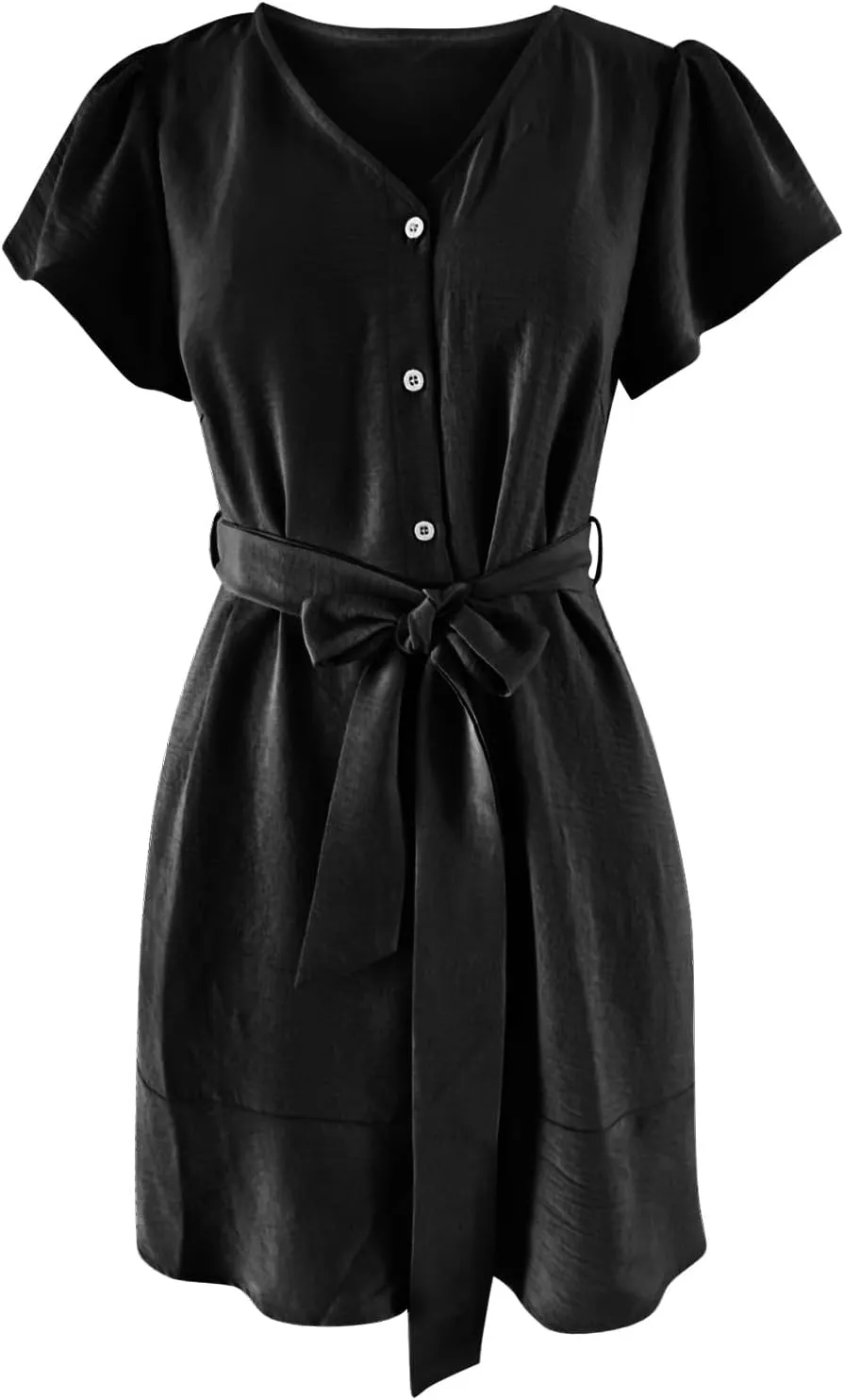 Sun Dresses for Women 2025 Vacation Summer V Neck Short Sleeve Casual Midi Dress Buttons Tie Waist Ruffle Swing Dress