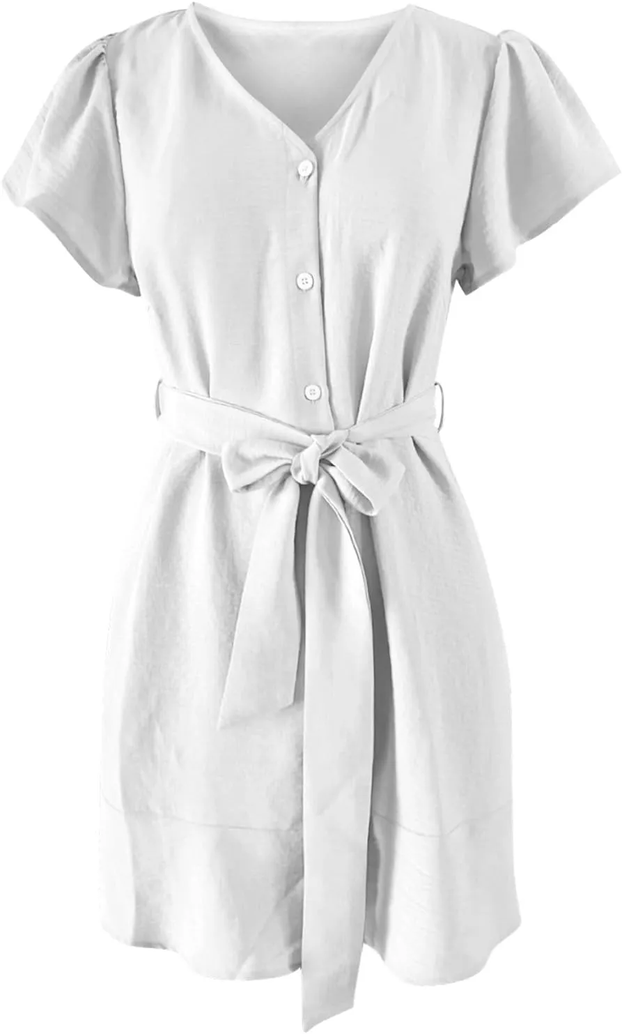 Sun Dresses for Women 2025 Vacation Summer V Neck Short Sleeve Casual Midi Dress Buttons Tie Waist Ruffle Swing Dress