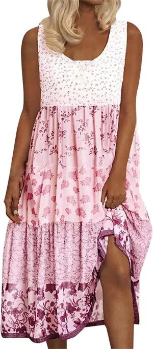 Sundresses for Women 2025 Sleeveless Boho Floral Flowy Summer Beach Dress Loose Elegant Pleated A Line Hawaiian Dress