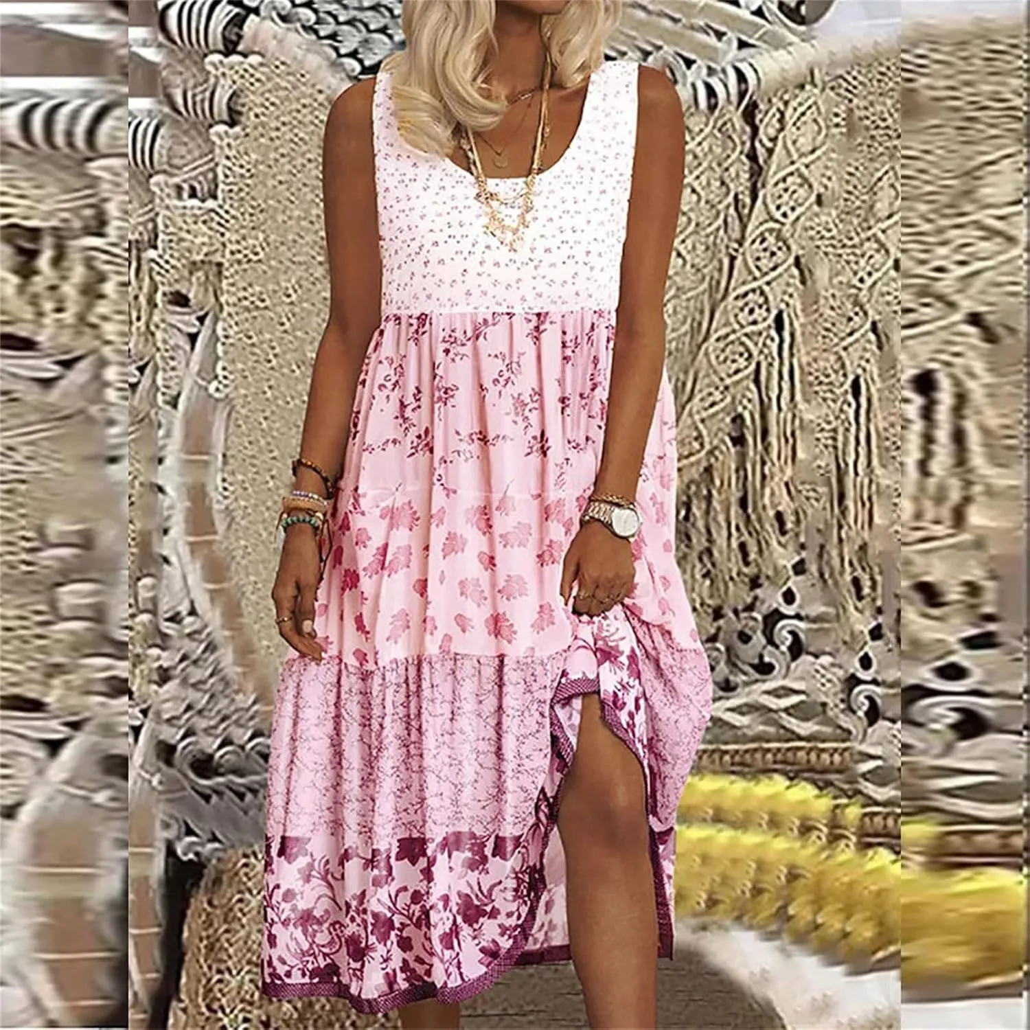 Sundresses for Women 2025 Sleeveless Boho Floral Flowy Summer Beach Dress Loose Elegant Pleated A Line Hawaiian Dress