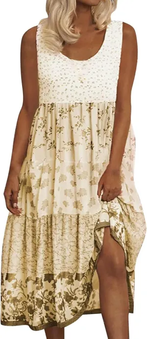 Sundresses for Women 2025 Sleeveless Boho Floral Flowy Summer Beach Dress Loose Elegant Pleated A Line Hawaiian Dress