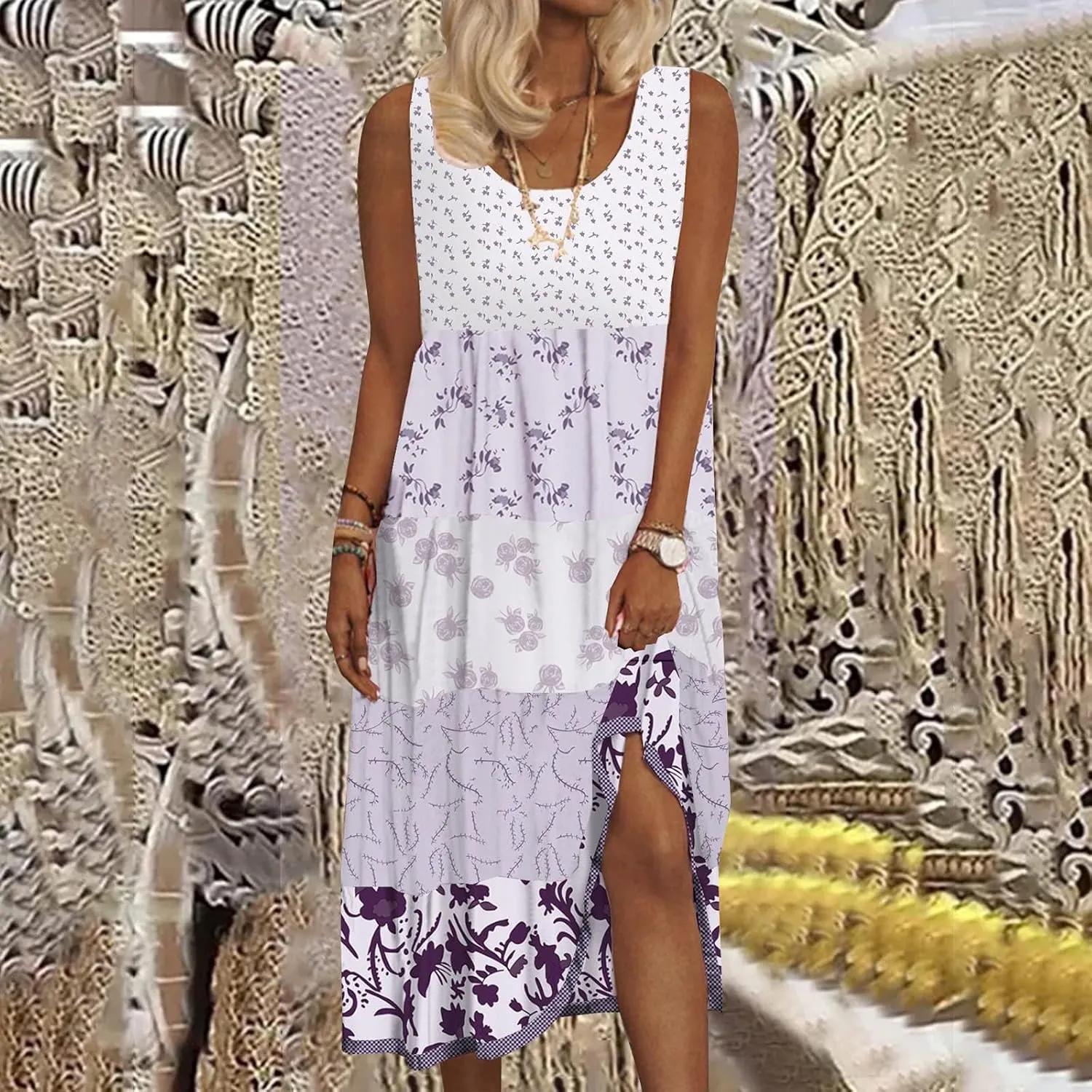 Sundresses for Women 2025 Sleeveless Boho Floral Flowy Summer Beach Dress Loose Elegant Pleated A Line Hawaiian Dress