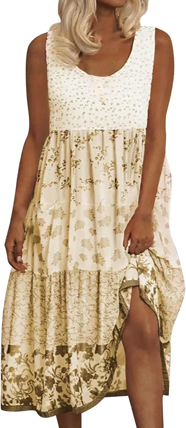 Sundresses for Women 2025 Sleeveless Boho Floral Flowy Summer Beach Dress Loose Elegant Pleated A Line Hawaiian Dress