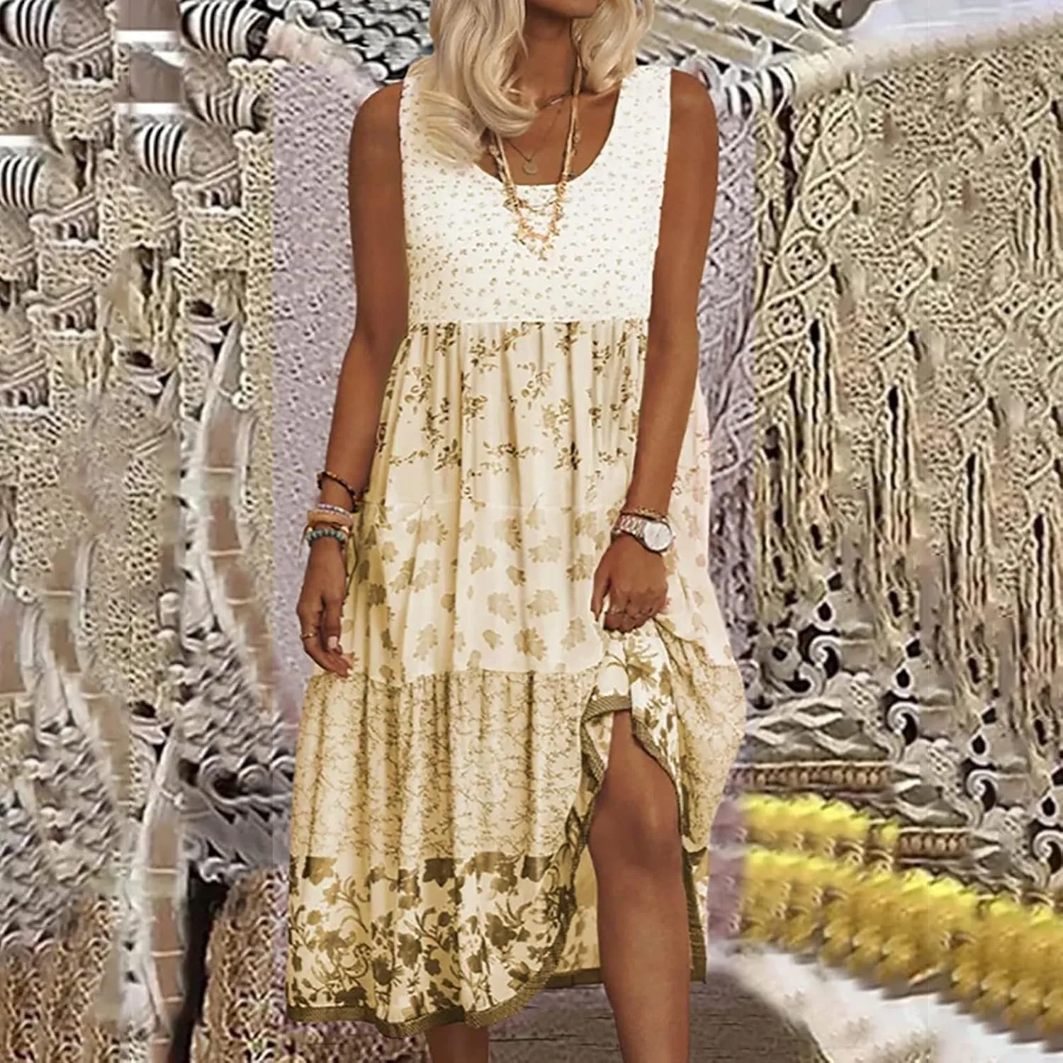 Sundresses for Women 2025 Sleeveless Boho Floral Flowy Summer Beach Dress Loose Elegant Pleated A Line Hawaiian Dress
