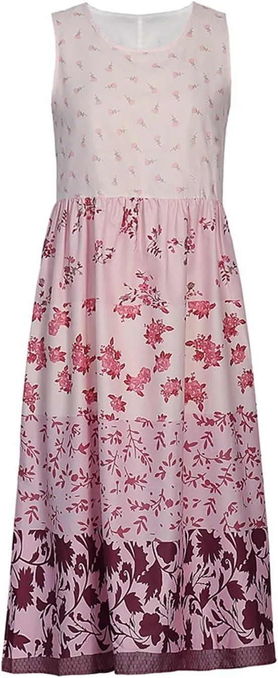 Sundresses for Women 2025 Sleeveless Boho Floral Flowy Summer Beach Dress Loose Elegant Pleated A Line Hawaiian Dress