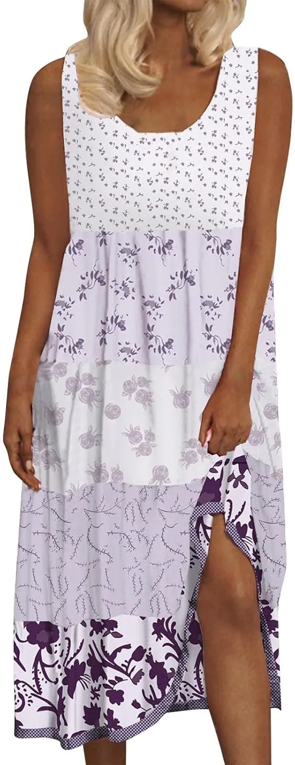 Sundresses for Women 2025 Sleeveless Boho Floral Flowy Summer Beach Dress Loose Elegant Pleated A Line Hawaiian Dress