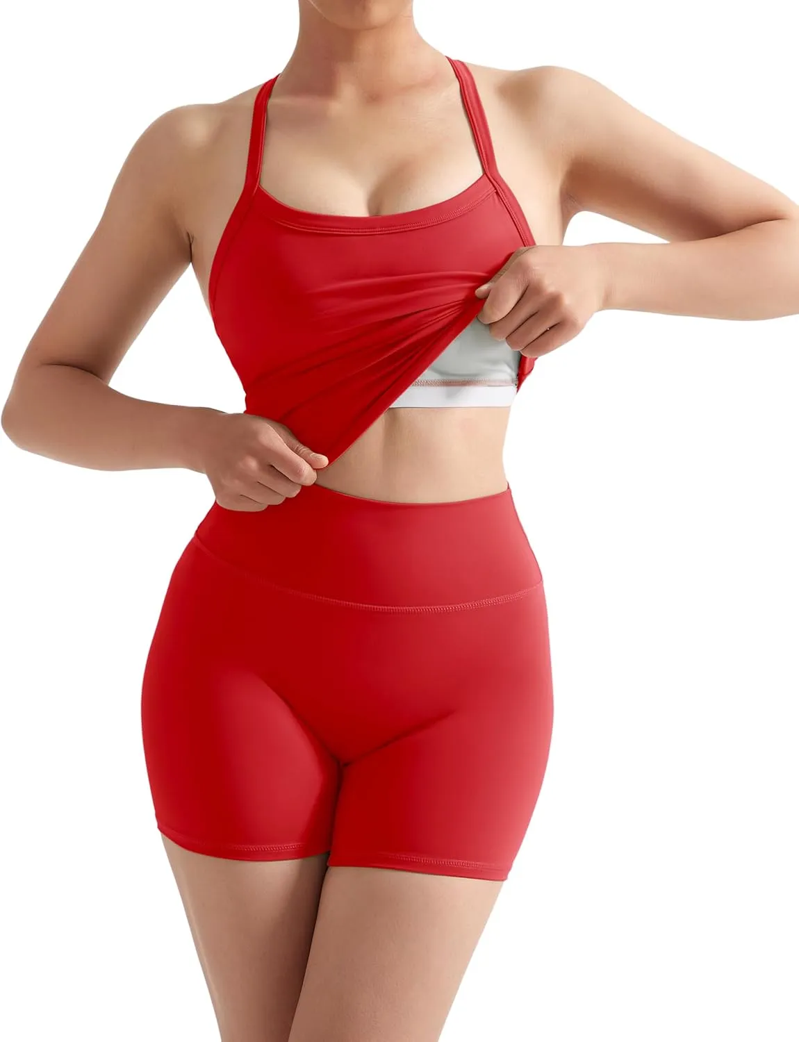 SUUKSESS Women 2 Piece Workout Sets High Waisted Tummy Control Biker Shorts Halter Backless Tank Tops