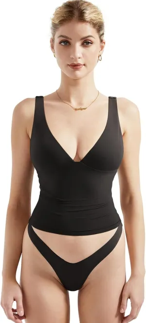 SUUKSESS Women Sexy V Neck V Back Tank Top Summer Sleeveless Going Out Double Lined Basic Tops