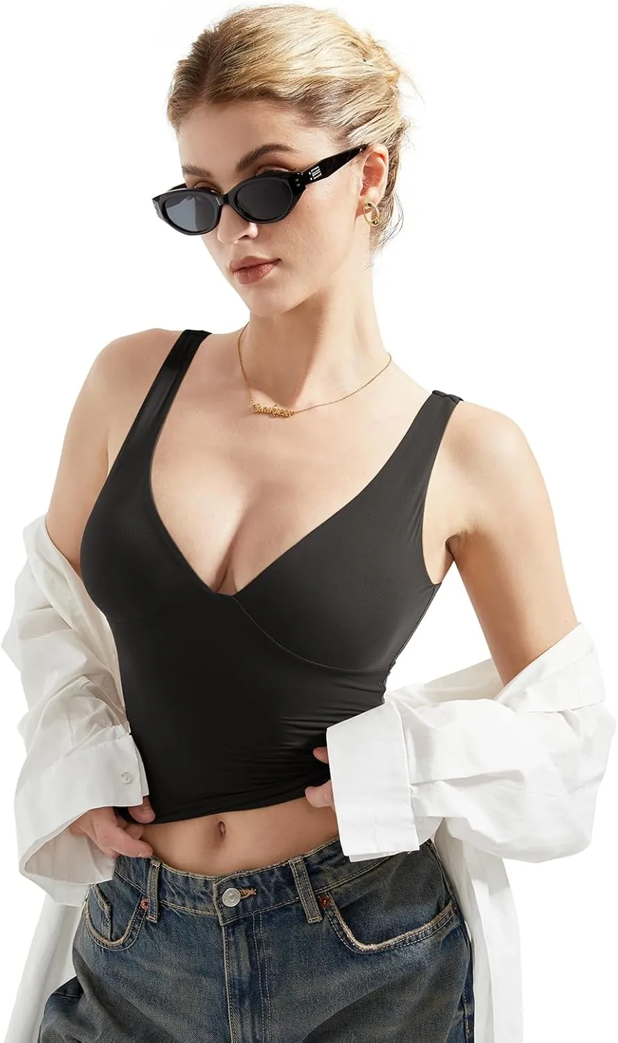 SUUKSESS Women Sexy V Neck V Back Tank Top Summer Sleeveless Going Out Double Lined Basic Tops
