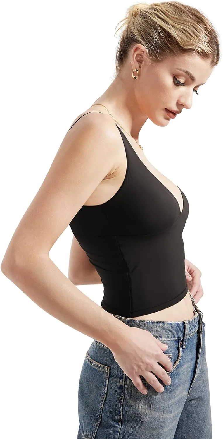SUUKSESS Women Sexy V Neck V Back Tank Top Summer Sleeveless Going Out Double Lined Basic Tops