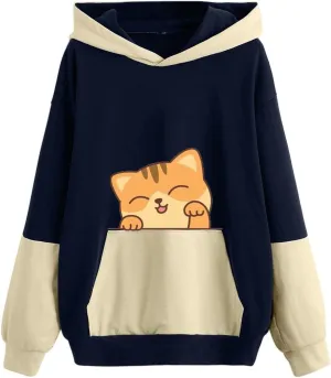Sweatshirts for Women Trendy,Teen Girl Cute Cat Print Sweatshirt Long Sleeve Hoodies Color Block Hooded Fall Clothes