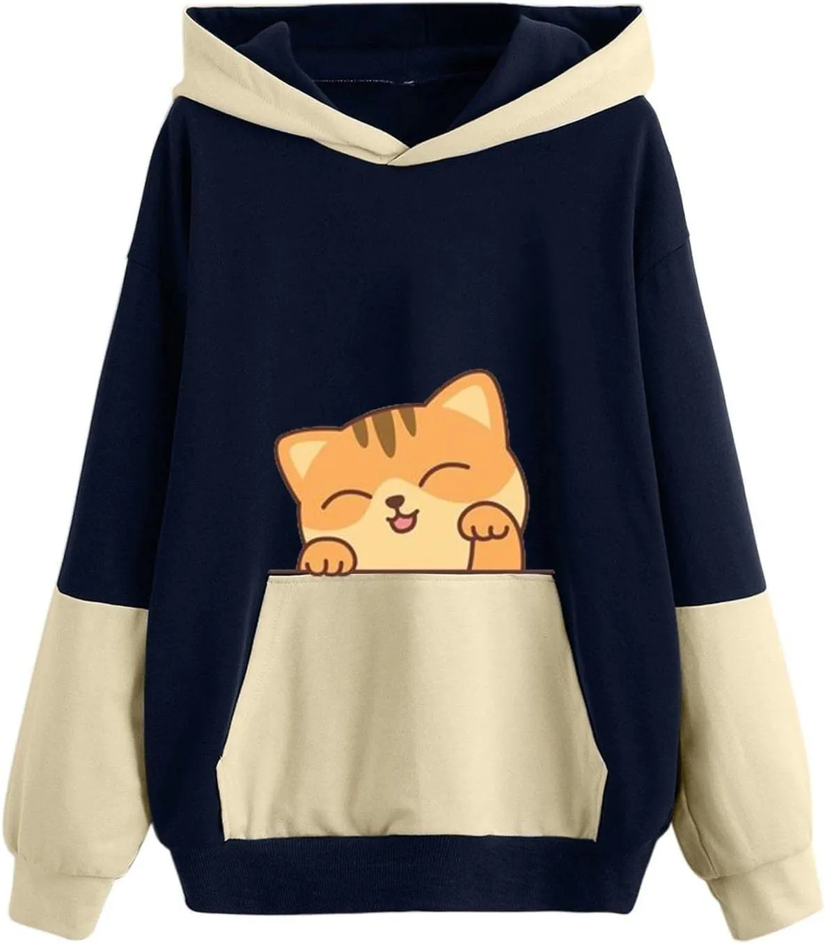 Sweatshirts for Women Trendy,Teen Girl Cute Cat Print Sweatshirt Long Sleeve Hoodies Color Block Hooded Fall Clothes