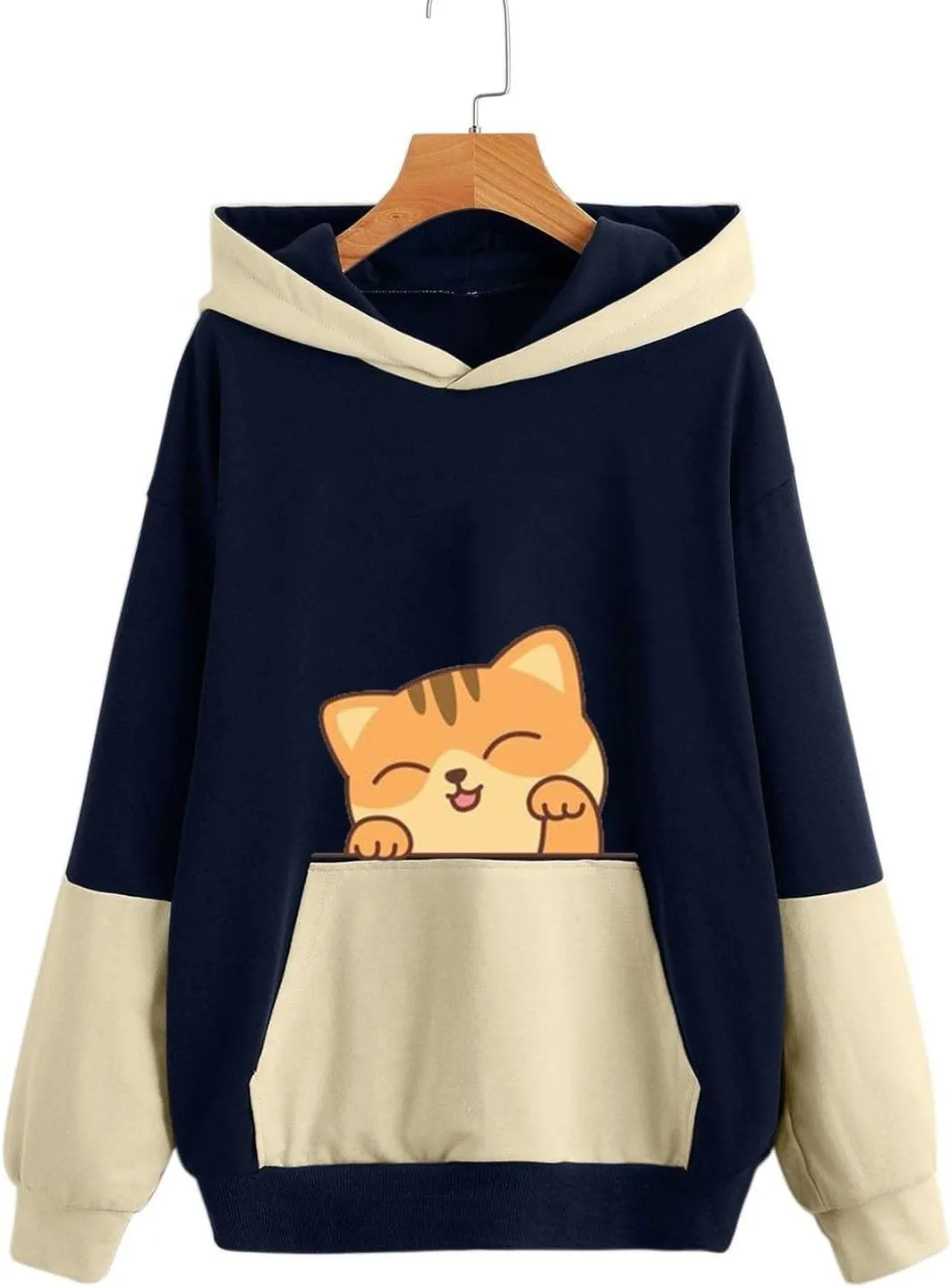 Sweatshirts for Women Trendy,Teen Girl Cute Cat Print Sweatshirt Long Sleeve Hoodies Color Block Hooded Fall Clothes