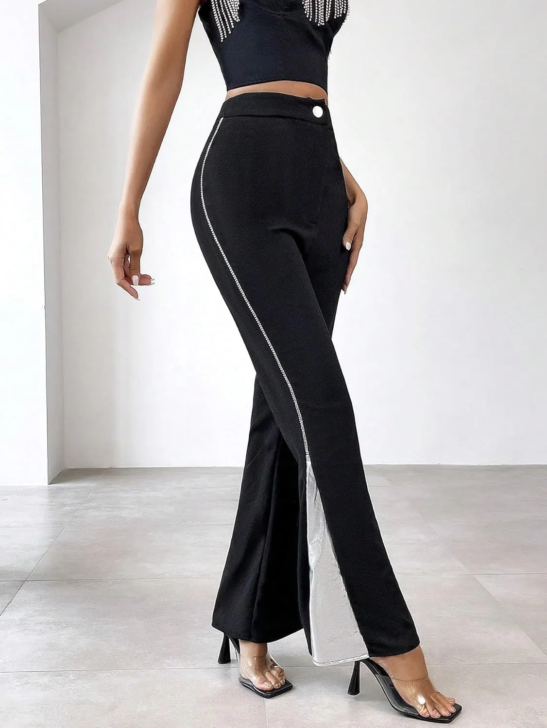 SweatyRocks Women's Contrast High Waist Zipper Pants Casual Flare Leg Pants Trousers