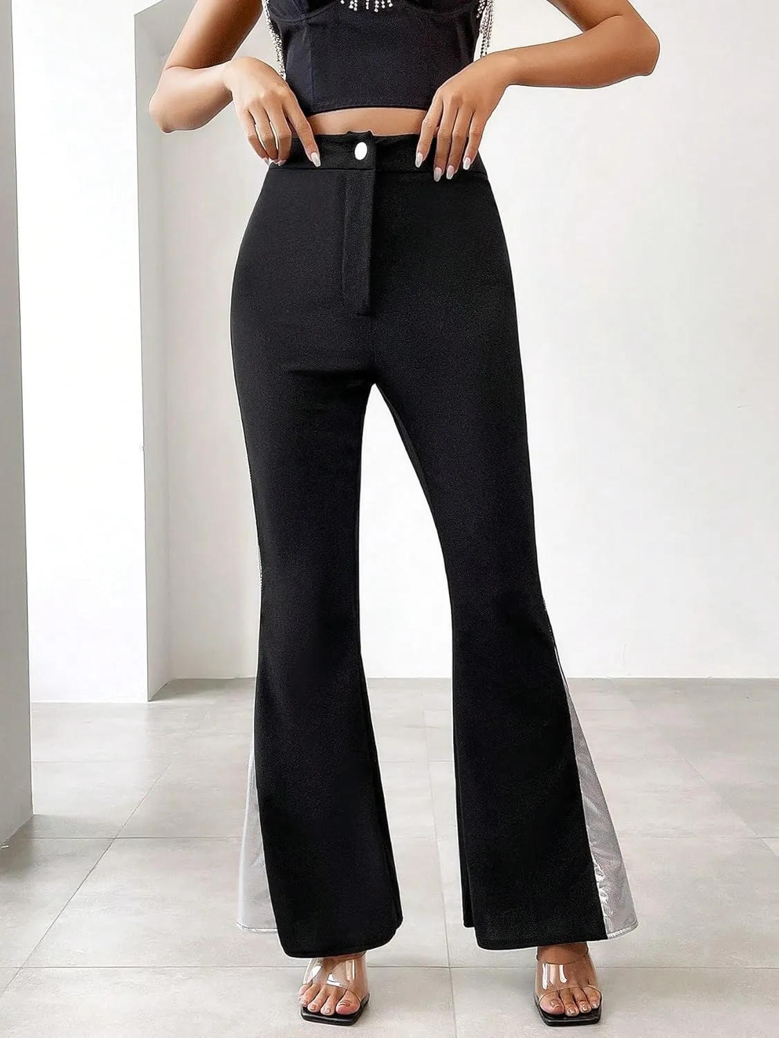 SweatyRocks Women's Contrast High Waist Zipper Pants Casual Flare Leg Pants Trousers