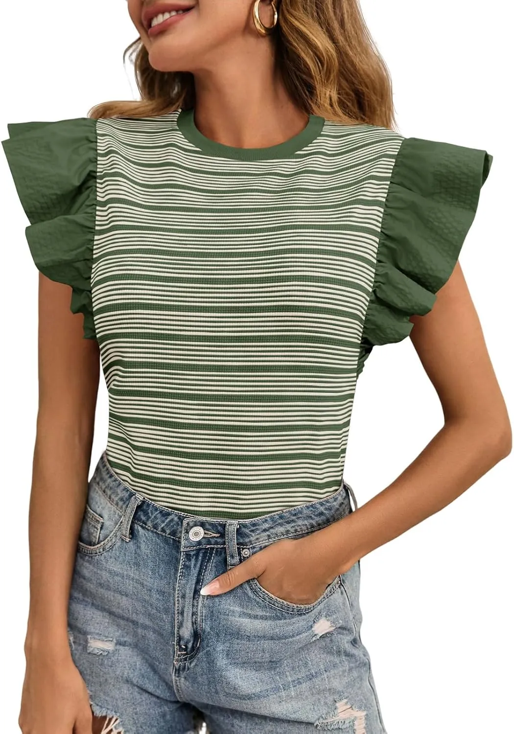 Tankaneo Womens Ruffle Striped Tank Tops Summer Crew Neck Sleeveless Shirts Loose Fit Dressy Casual Blouse