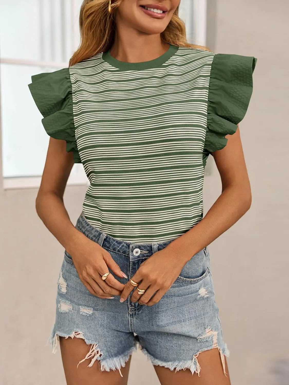 Tankaneo Womens Ruffle Striped Tank Tops Summer Crew Neck Sleeveless Shirts Loose Fit Dressy Casual Blouse