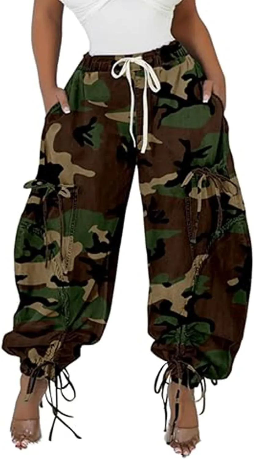 Tbahhir Baggy Cargo Jeans for Women High Waist Wide Leg Denim Pants Loose Harem Drawstring Jogger Sweatpants Trousers