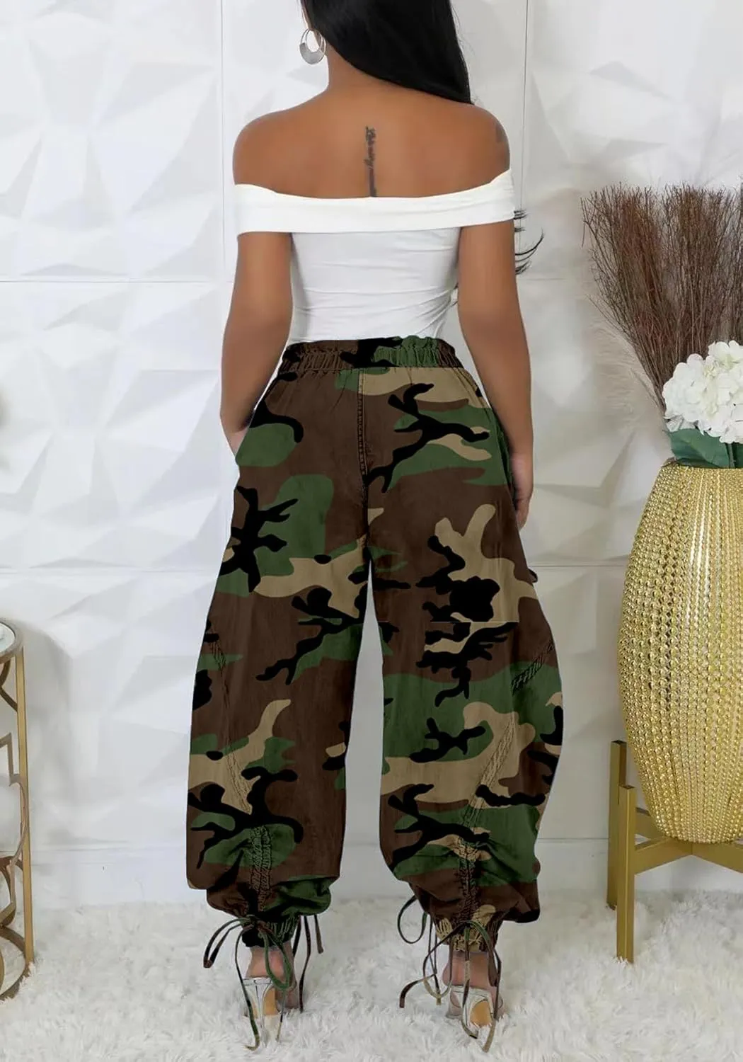 Tbahhir Baggy Cargo Jeans for Women High Waist Wide Leg Denim Pants Loose Harem Drawstring Jogger Sweatpants Trousers