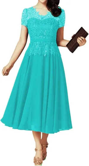 Tea Length Mother of The Bride Dresses with Sleeves Laces Appliques Beaded Mother of The Groom Dresses for Wedding