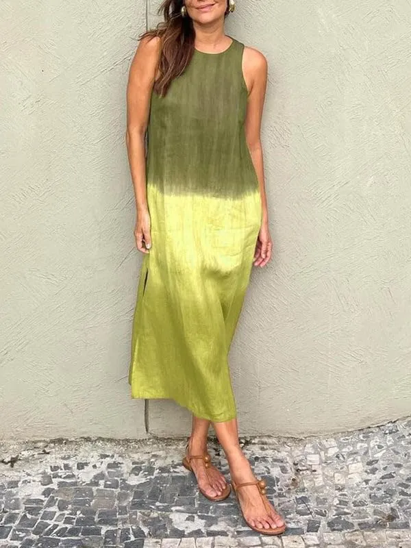 TIAFORD Women Cotton Linen Sleeveless Boho Maxi Dress Summer Crewneck Slit Loose Beach Flowy Long Shift Tank Sun Dress