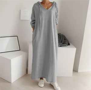 TIAFORD Women Fall Winter Maxi Dress Casual Long Sleeve V Neck Hoodie Pullover Oversized Shift Sweatshirt Dress with Pocket