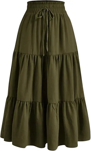 Tiered Maxi Skirts for Women Comfy Ruffle Hem Flowy Swing Long Skorts Elastic High Waisted Summer Cover Ups