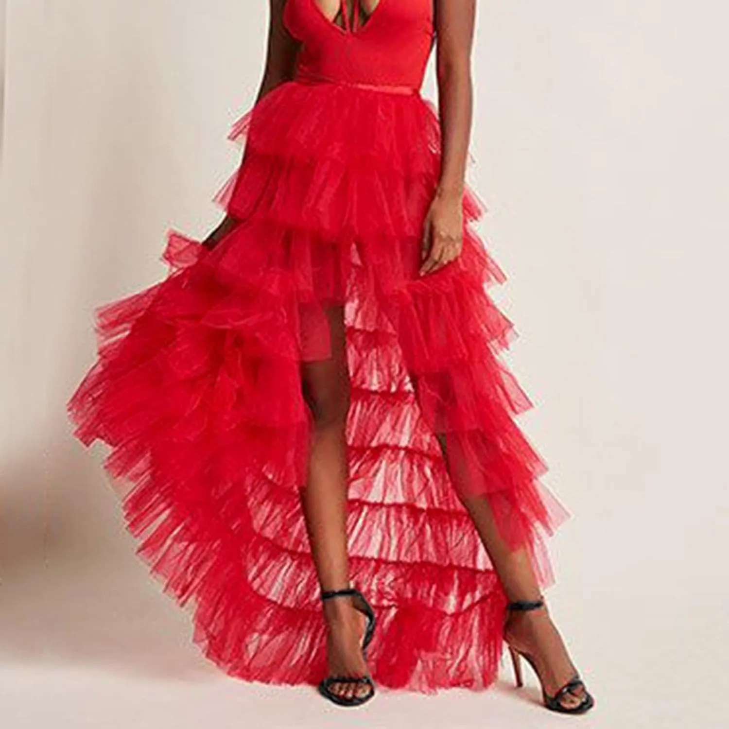 Tiered Skirts for Women High Waisted Sheer Mesh Midi Length Bohemian Skirt with Elastic Waist Flowy Chiffon Layers