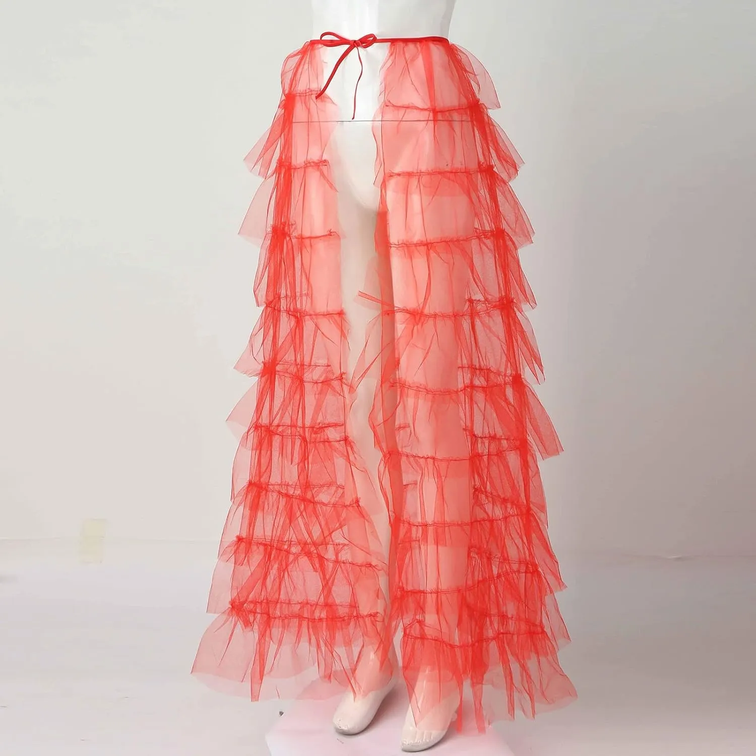 Tiered Skirts for Women High Waisted Sheer Mesh Midi Length Bohemian Skirt with Elastic Waist Flowy Chiffon Layers