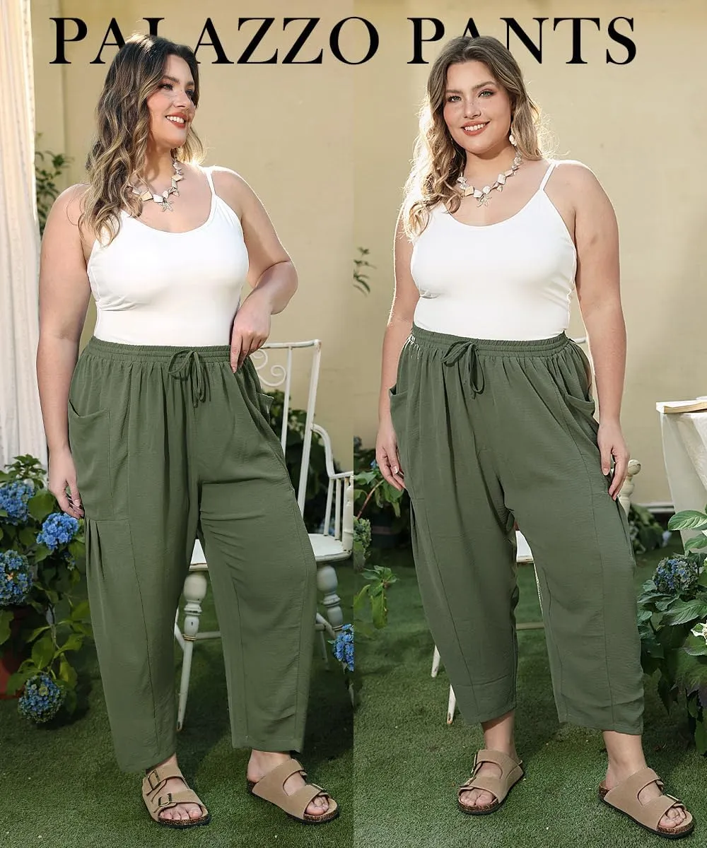 TIYOMI Plus Size Pants for Women Summer Palazzo Harem Pants Drawstring Lightweight Pant with Pockets Loose Casual XL-5XL