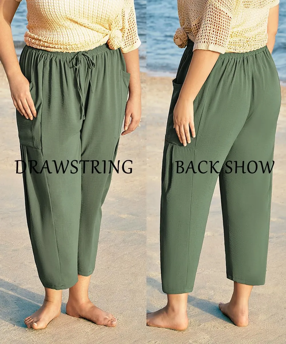TIYOMI Plus Size Pants for Women Summer Palazzo Harem Pants Drawstring Lightweight Pant with Pockets Loose Casual XL-5XL