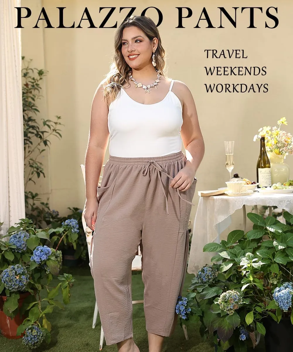 TIYOMI Plus Size Pants for Women Summer Palazzo Harem Pants Drawstring Lightweight Pant with Pockets Loose Casual XL-5XL