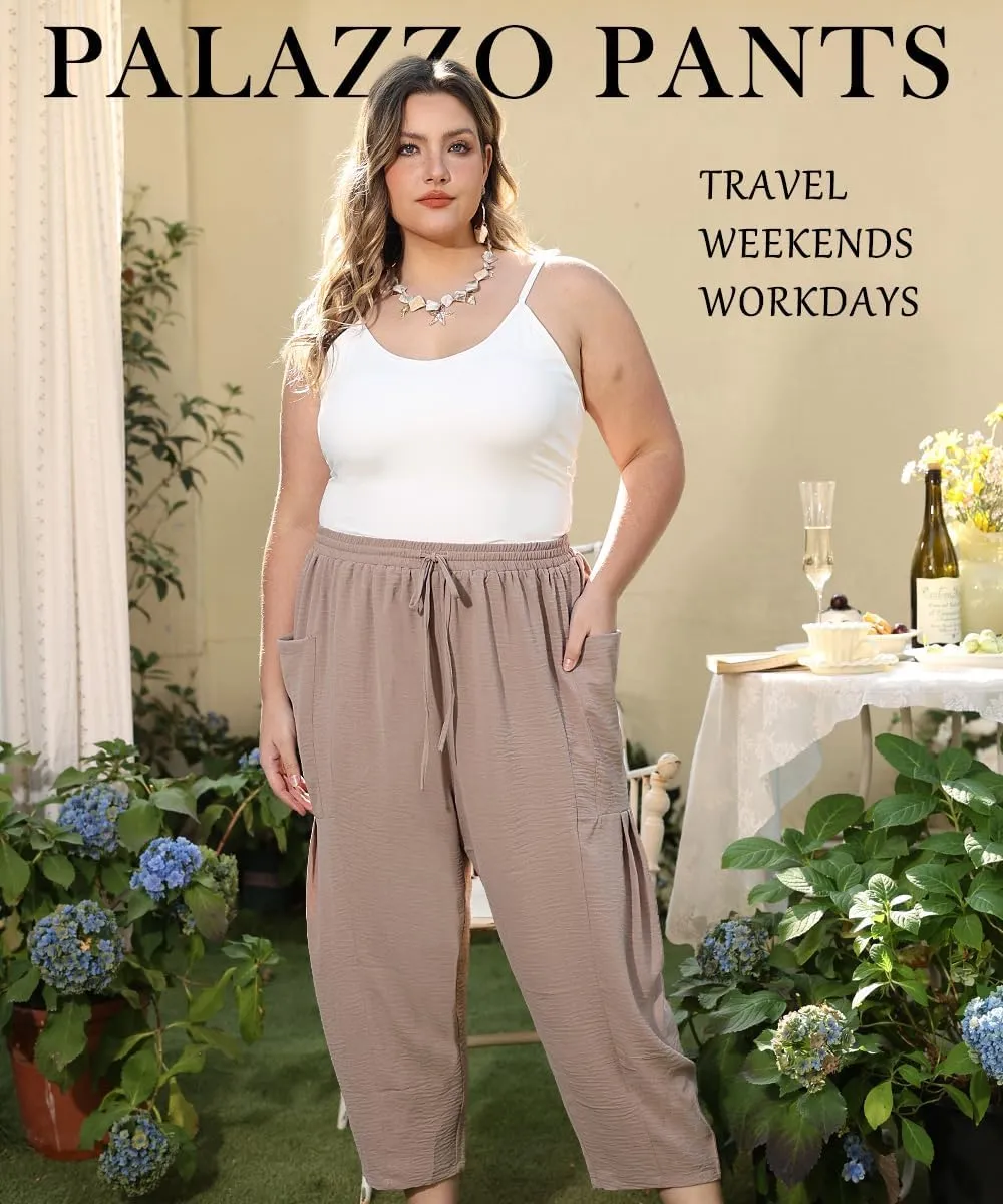 TIYOMI Plus Size Pants for Women Summer Palazzo Harem Pants Drawstring Lightweight Pant with Pockets Loose Casual XL-5XL