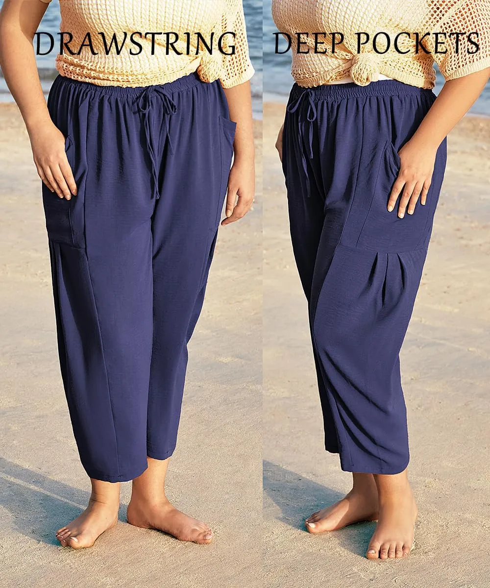 TIYOMI Plus Size Pants for Women Summer Palazzo Harem Pants Drawstring Lightweight Pant with Pockets Loose Casual XL-5XL