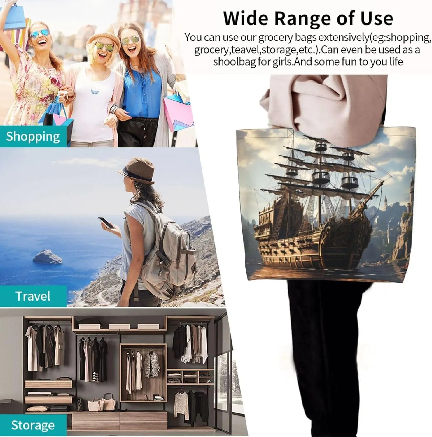 Tote Bag for Women Reusable Grocery Bag Shopping Bag Purple and Pattern Tote Bags Handbag Foldable Shoulder Bag