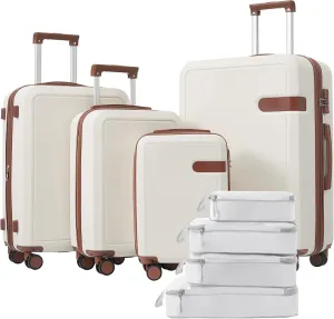 Travel Light with 4-Piece Luggage Set, Includes Compression Packing Cubes and Expandable Design, Brown and White