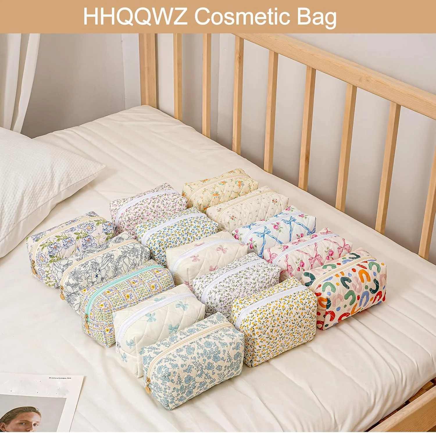 Travel Makeup Bag, Cosmetic Bag for Women Girls, Floral Flowers Toiletry Organizer, Portable Storage Bag, Pink Bowknot/Gold Zipper