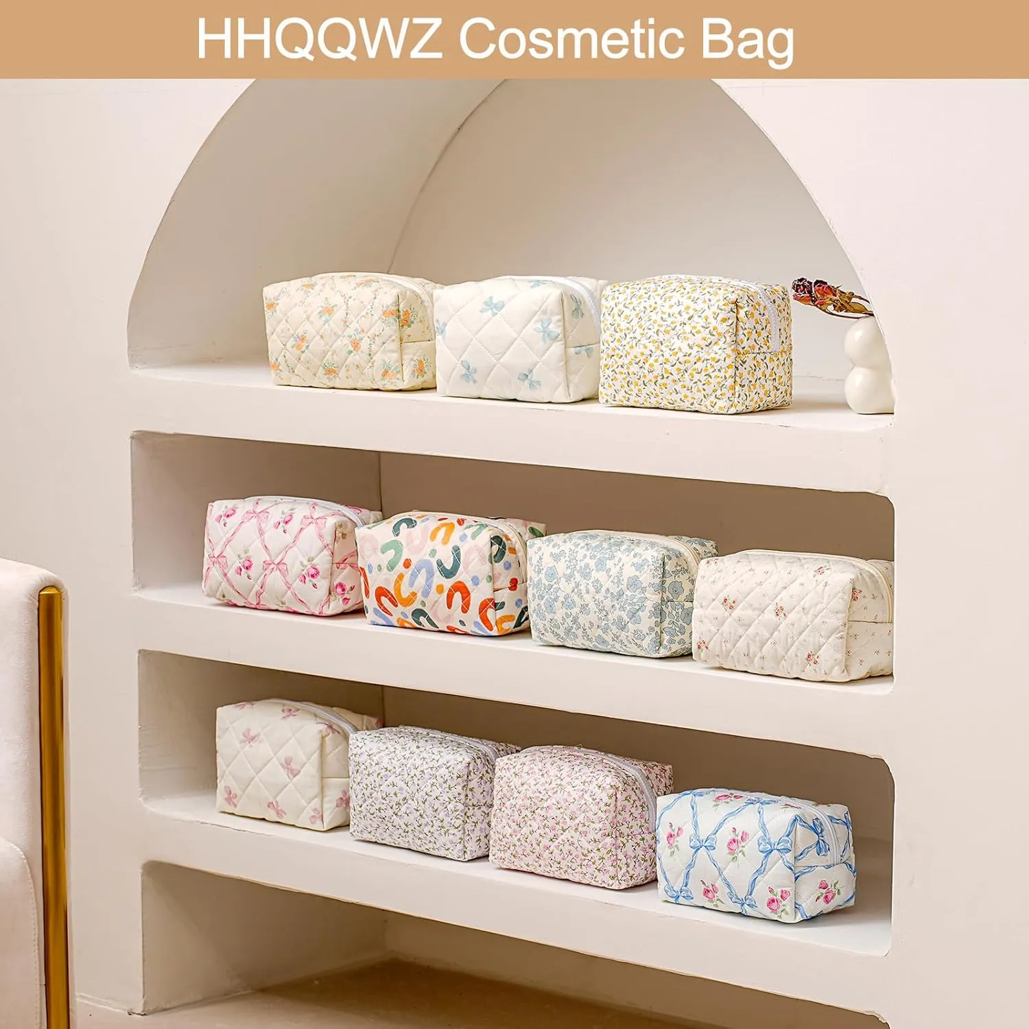 Travel Makeup Bag, Cosmetic Bag for Women Girls, Floral Flowers Toiletry Organizer, Portable Storage Bag, Pink Bowknot/Gold Zipper