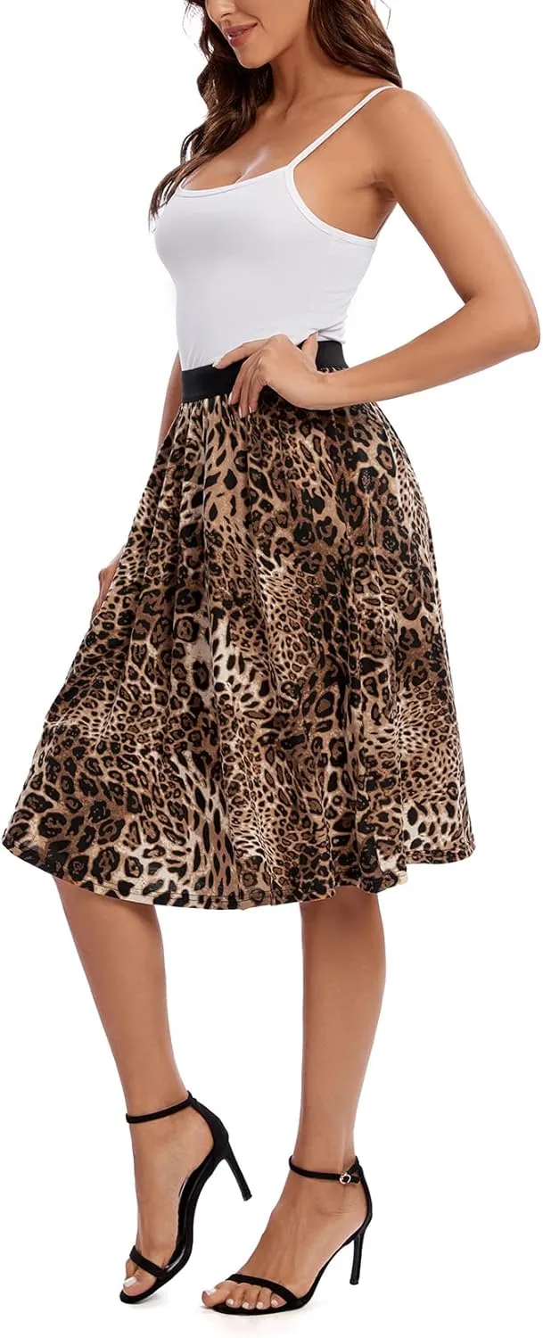 Urban CoCo Women's Casual Elastic High Waist Leopard Print Pleated Shirring Midi Skirt