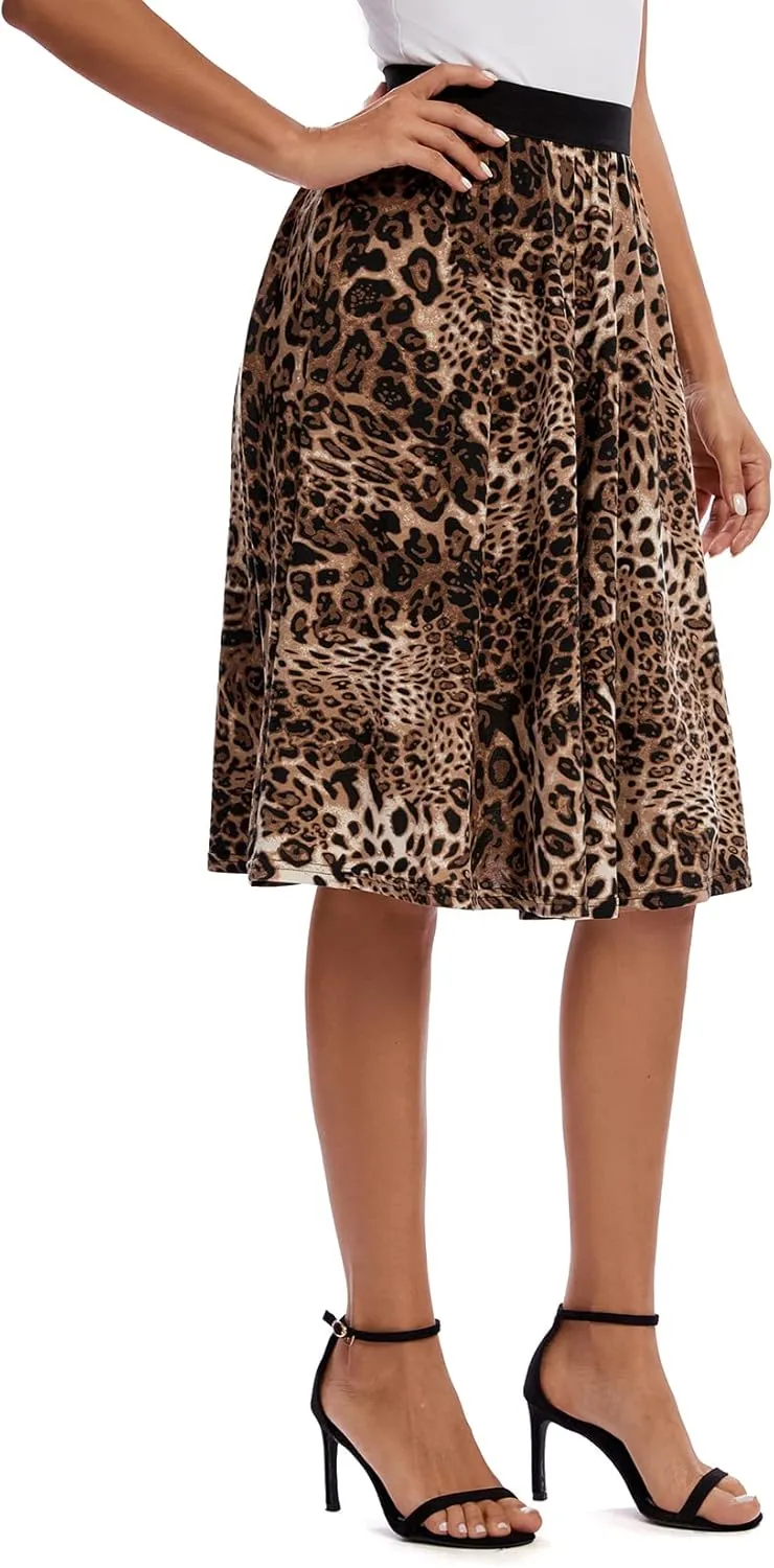Urban CoCo Women's Casual Elastic High Waist Leopard Print Pleated Shirring Midi Skirt