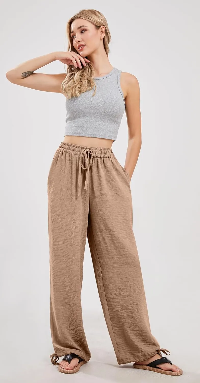 utcoco Wide Leg Linen Pants for Women Casual Loose Fit High Waisted Pants with Drawstrings