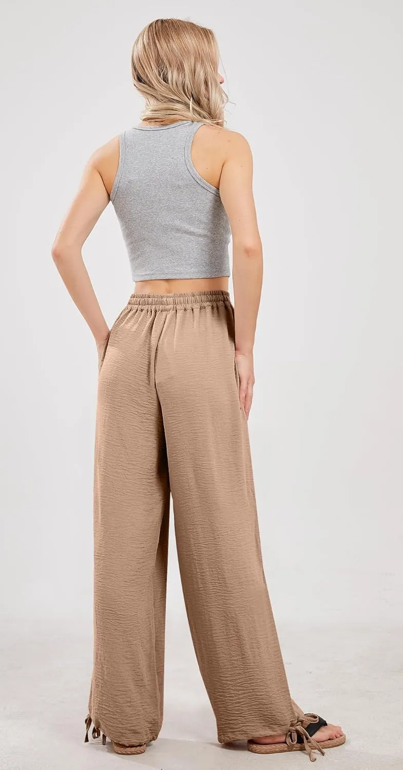 utcoco Wide Leg Linen Pants for Women Casual Loose Fit High Waisted Pants with Drawstrings