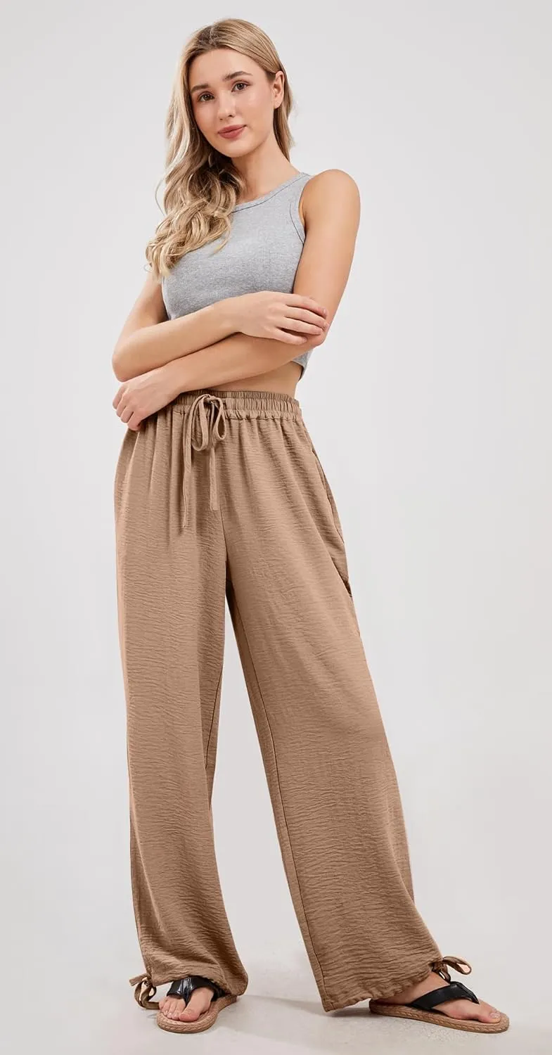 utcoco Wide Leg Linen Pants for Women Casual Loose Fit High Waisted Pants with Drawstrings